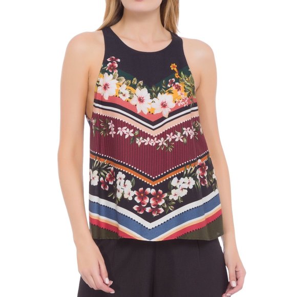 Farm Rio Floral Scarf Tank Top / Large / Keyhole Back Sleeveless - Picture 3 of 12